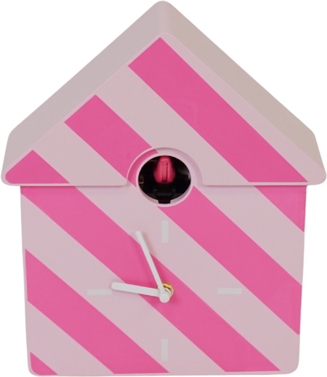 Housevitamin Koekoeksklok – Moderne Wand- & Kastklok – Gestreept Patroon Lichtroze / Fluorroze – 24 × 27 × 9 cm – Geschenk van het Jaar 2026!