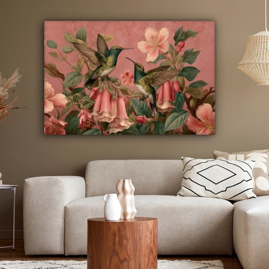 Tableau sur toile 120x80 cm - Décoration murale Colibris - Fleurs - Vert - Rose - Décoration murale salon - Décoration chambre - Accessoires chambre - Peintures sur toile
