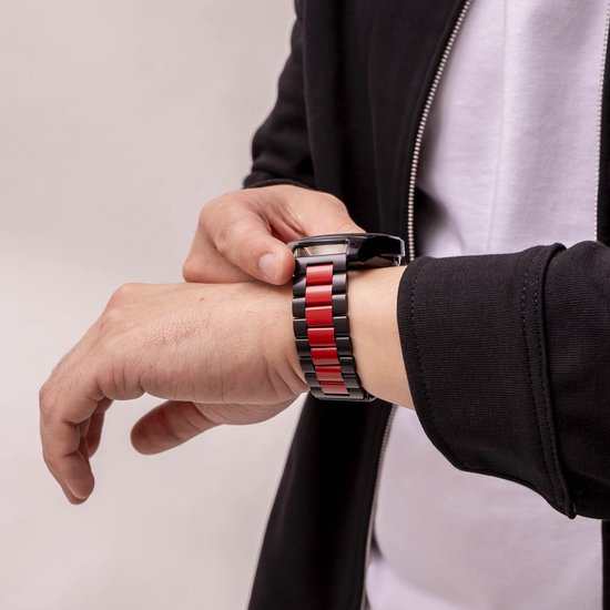 Strap-it Steel link strap 20mm - Bracelet en acier inoxydable adapté pour Samsung Galaxy Watch 42mm / Galaxy Watch 3 41mm / Galaxy Watch Active & Active2 40 & 44mm - Amazfit GTS / Bip - Polar Ignite / Unite - Zwart/ rouge