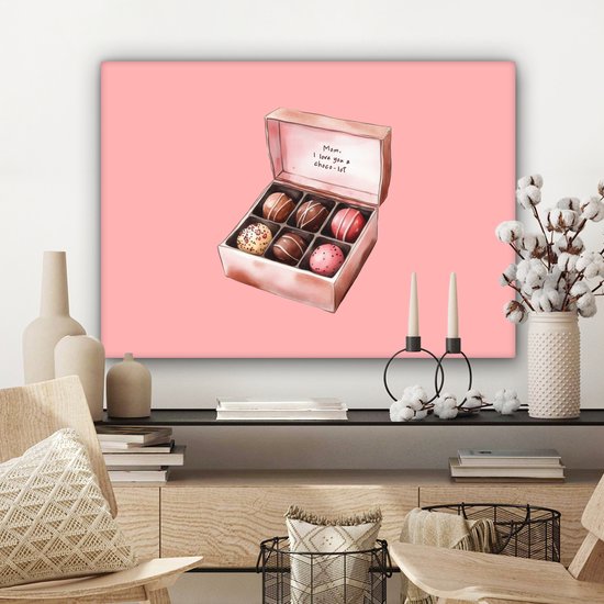 Canvas schilderij 80x60 cm - Exclusieve wanddecoratie Doosje - Bonbons - Liefdevolle - Tekst - Muurdecoratie woonkamer - Slaapkamer decoratie - Kamer accessoires - Schilderijen op canvas - Moederdag cadeautje - Cadeau voor mama