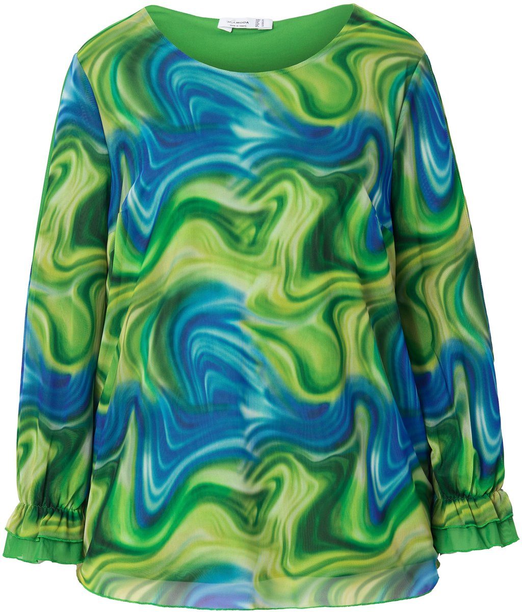MIAMODA - Dames - Blouse mesh met print all-over wijde lange mouwen - Limoen - Maat 46