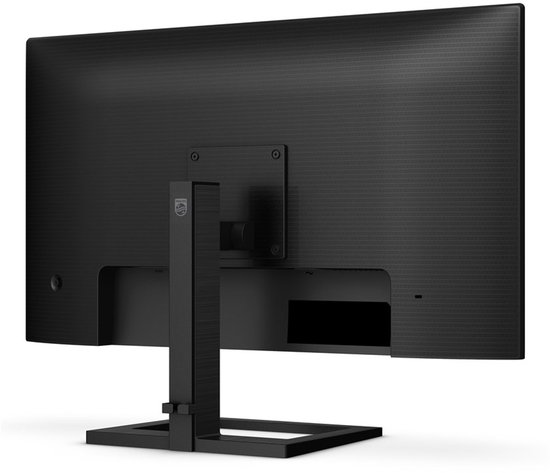 Achterkant van de zwarte monitor met standaard.