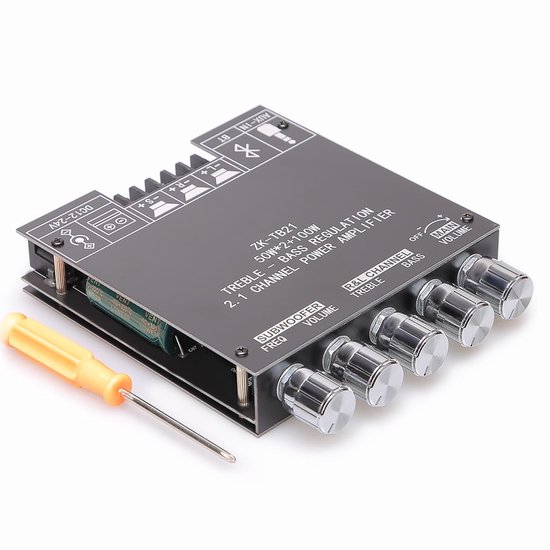 Cuhostki 1 Stuk Dubbele Eindversterkerkaart - Zwarte Bluetooth 2.1-Kanaals Subwoofer Stereoversterkermodule - TPA3116D2 50W+50W+100W Uitvoer - DC 12-24V - Met Bas en Treble Regeling