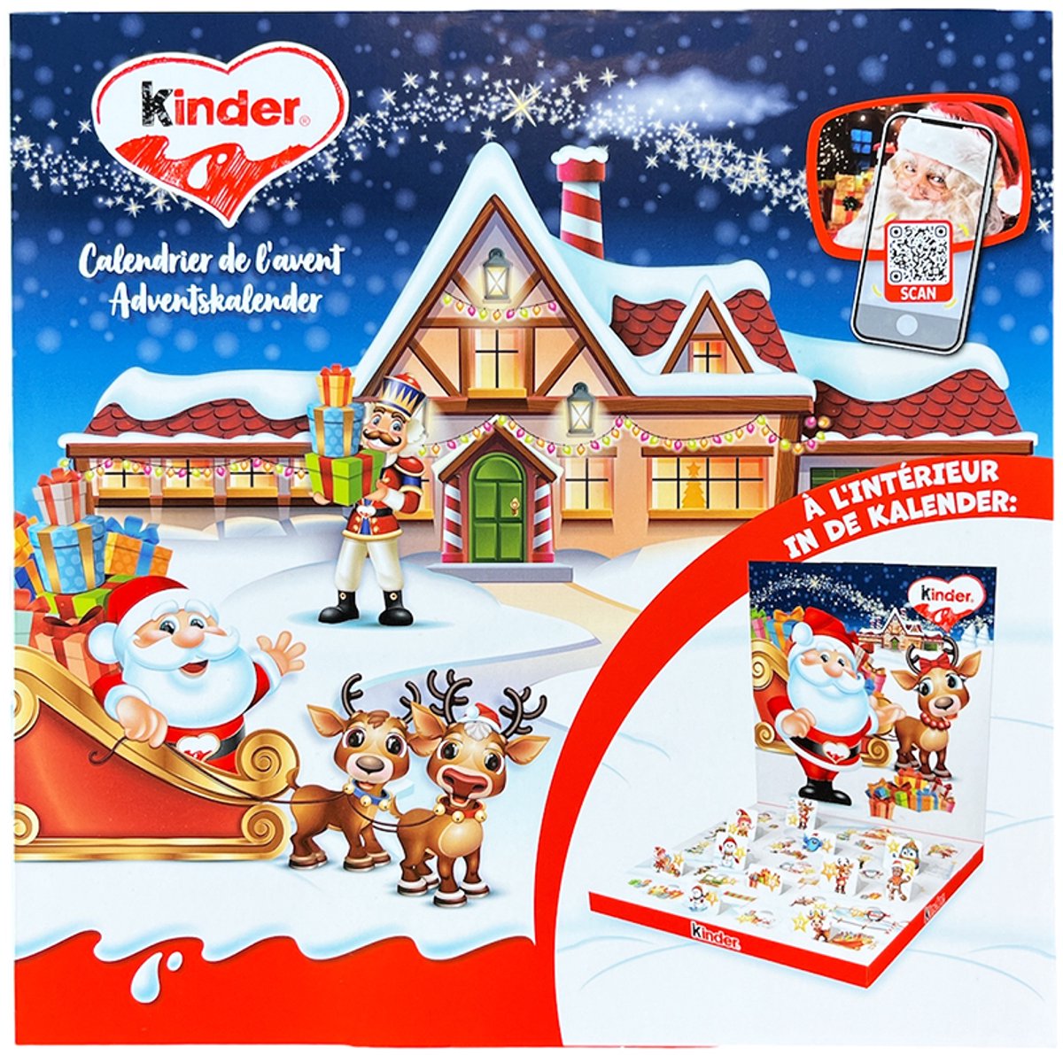 Kinder 3D Pop-up Adventskalender - Kerstman / Santa & Rendier design met Mix van Kinder Chocolade & Kerstverhalen - 123g – foto 3
