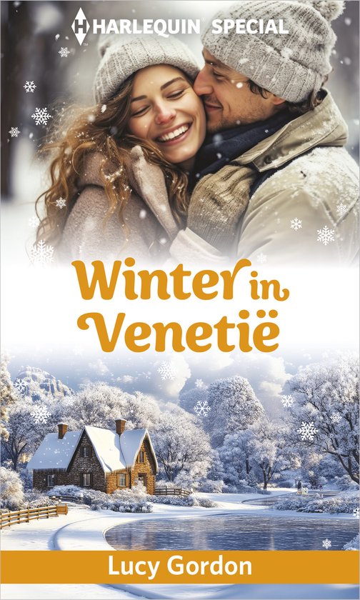 Een verliefd stel, gekleed in winterkleding, omhelzen elkaar op de voorkant van "Winter in Venetië". Een besneeuwd landschap met een huisje is te zien.