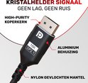 Zwarte DisplayPort 2.1 kabel met ProFPS logo, aluminium behuizing en nylon mantel. "Kristalhelder signaal".