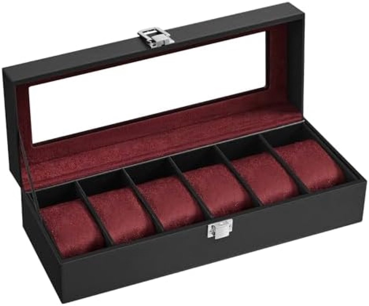 PromoHome Horlogedoos met 6 Sleuven, Horlogekastje met Glazen Dekkel, Horloge Display Box met Afneembare Horlogekussentjes, Metalen Sluiting, Cadeau Idee voor Horloge Liefhebbers, Zwart Synthetisch Leer met Rode Voering