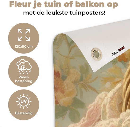 Tuinposter 120x90 cm - Tuindecoratie Kat - Bloemenprint - Rieten mand - Poster voor in de tuin - Buiten decoratie - Schutting tuinschilderij - Tuindoek muurdecoratie - Wanddecoratie balkondoek