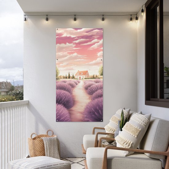 Affiche de jardin 80x160 cm - Décoration de jardin Champ de lavande - Maison - Violet - Affiche pour le jardin - Décoration extérieure - Tableau de jardin clôture - Décoration murale sur toile de jardin - Décoration murale sur toile de balcon