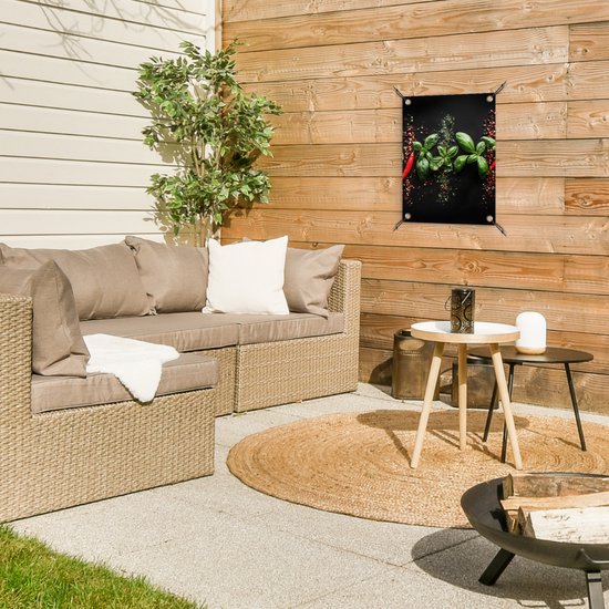 Tuinposter 30x40 cm - Tuindecoratie Chilipepers - Basilicum - Blaadjes - Rood - Poster voor in de tuin - Buiten decoratie - Schutting tuinschilderij - Tuindoek muurdecoratie - Wanddecoratie balkondoek