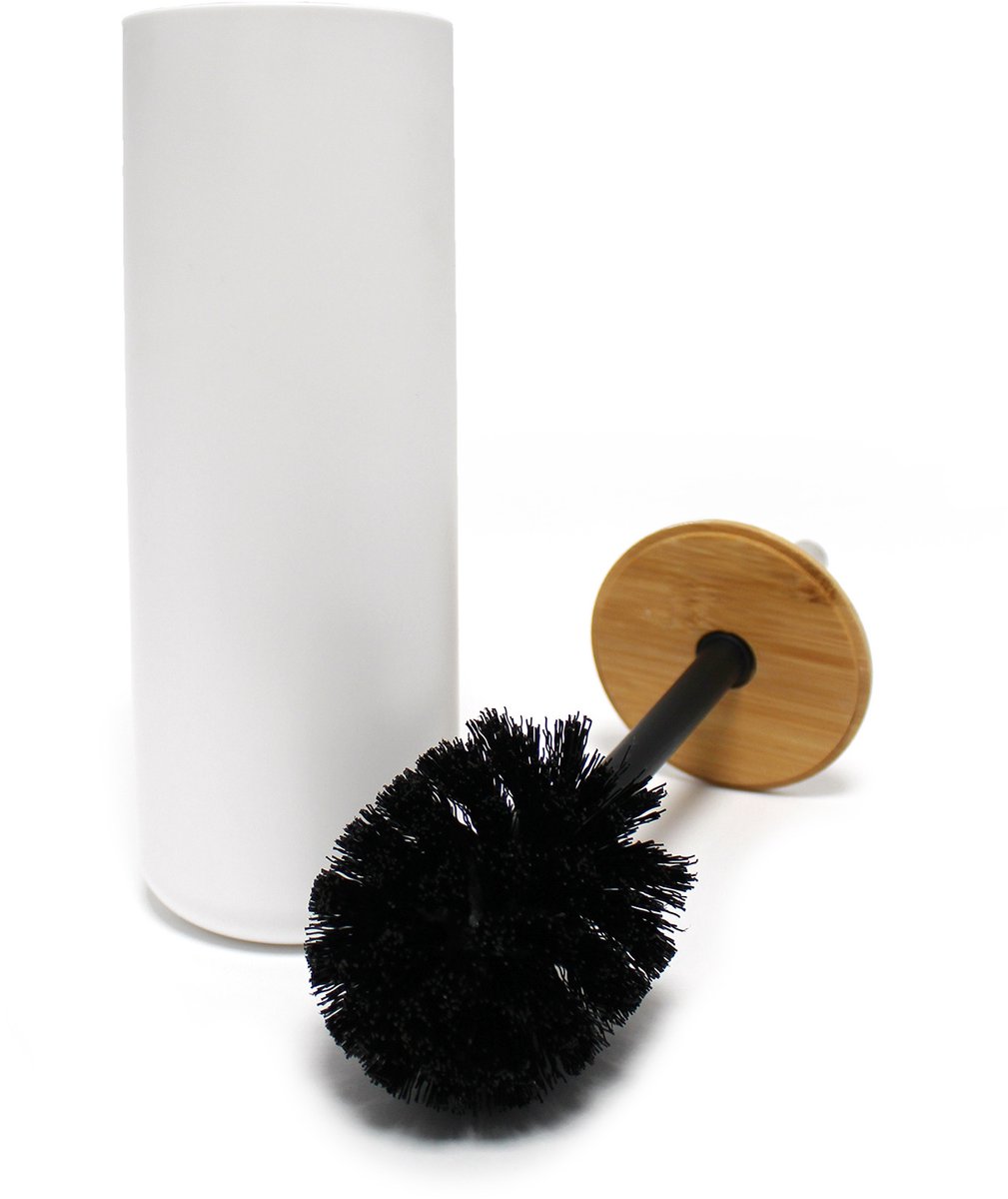 Wicotex Toiletborstel met Houder – Wit Kunststof met Bamboe Rand – Rond – 9 cm Ø – 37 cm Hoog – WC Borstel Badkamer & Toilet Accessoire