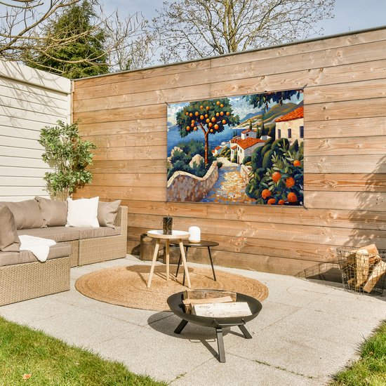 Affiche de jardin 120x80 cm - Décoration de jardin Maisons - Mosaïque - Orangers - Mer - Affiche pour le jardin - Décoration extérieure - Tableau de jardin clôture - Décoration murale en tissu de jardin - Décoration murale en tissu de balcon