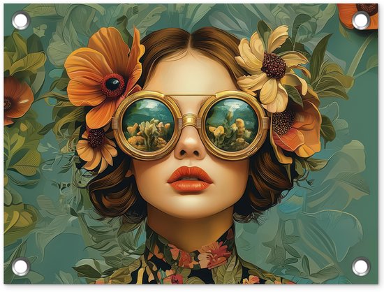 Tuinposter 40x30 cm - Tuindecoratie Vrouw - Bloemen - Vlinders - Natuur - Vintage - Poster voor in de tuin - Buiten decoratie - Schutting tuinschilderij - Tuindoek muurdecoratie - Wanddecoratie balkondoek