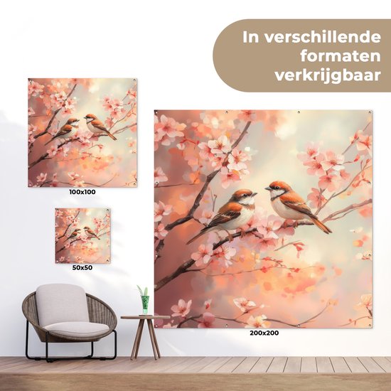 Affiche de jardin 100x100 cm - Décoration de jardin Vogels - Romantique - Branche fleurie - Affiche pour le jardin - Décoration extérieure - Tableau de jardin clôture - Décoration murale sur toile de jardin - Décoration murale sur toile de balcon
