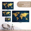 Carte du monde dorée sur fond bleu foncé, disponible en 120x80, 90x60 et 60x40 cm.