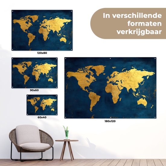 Carte du monde dorée sur fond bleu foncé, disponible en 120x80, 90x60 et 60x40 cm.