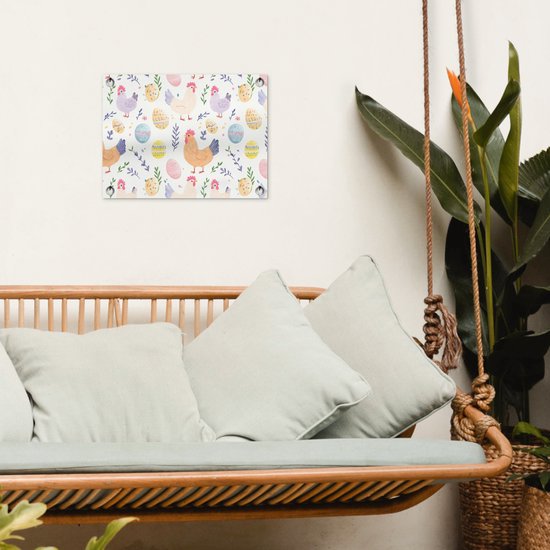 Tuinposter 40x30 cm - Tuindecoratie Patroon - Kip - Paaseieren - Poster voor in de tuin - Buiten decoratie - Schutting tuinschilderij - Tuindoek muurdecoratie - Wanddecoratie balkondoek - Pasen - Paasdecoratie - Paas versiering