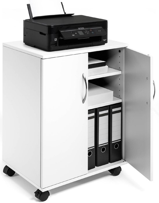 Multifunctionele gesloten trolley met 2 verstelbare legplanken, 2 deuren, 4 wielen, melamine hout, 30 kg per plank