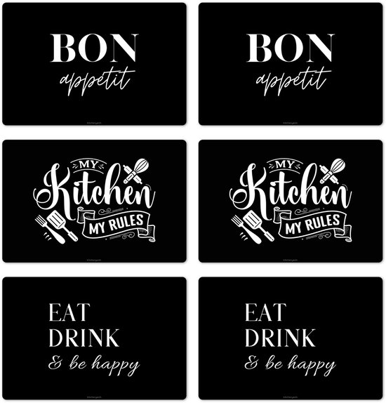 Placemats 6 stuks mix - 45x30 cm - Placemat kunststof - Quotes - Zwart - Wit - Borden onderleggers - Decoratie voor op tafel - Keuken tafeldecoratie accessoires - Vinyl onderlegger - Tafelversiering