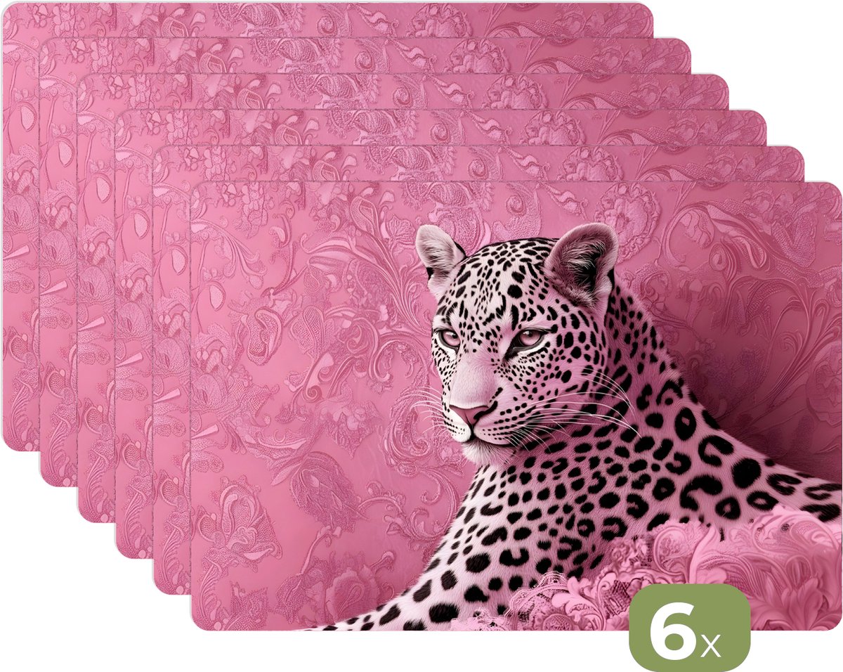 Placemats - 6 stuks - 45x30 cm - Placemat kunststof - Panter - Luxe - Roze - Borden onderleggers - Decoratie voor op tafel - Keuken tafeldecoratie accessoires - Vinyl onderlegger - Tafelversiering