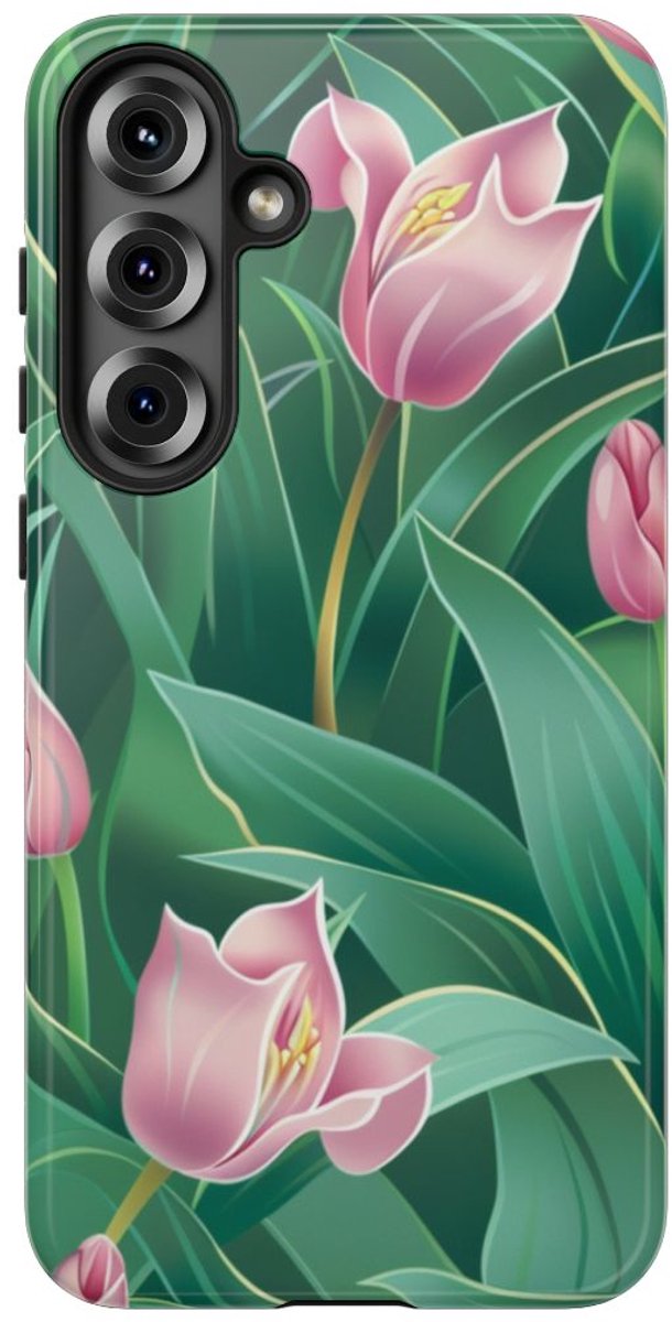 Roze Tulp Bloemenpatroon – Telefoonhoesje Geschikt voor Samsung Galaxy S25 Plus