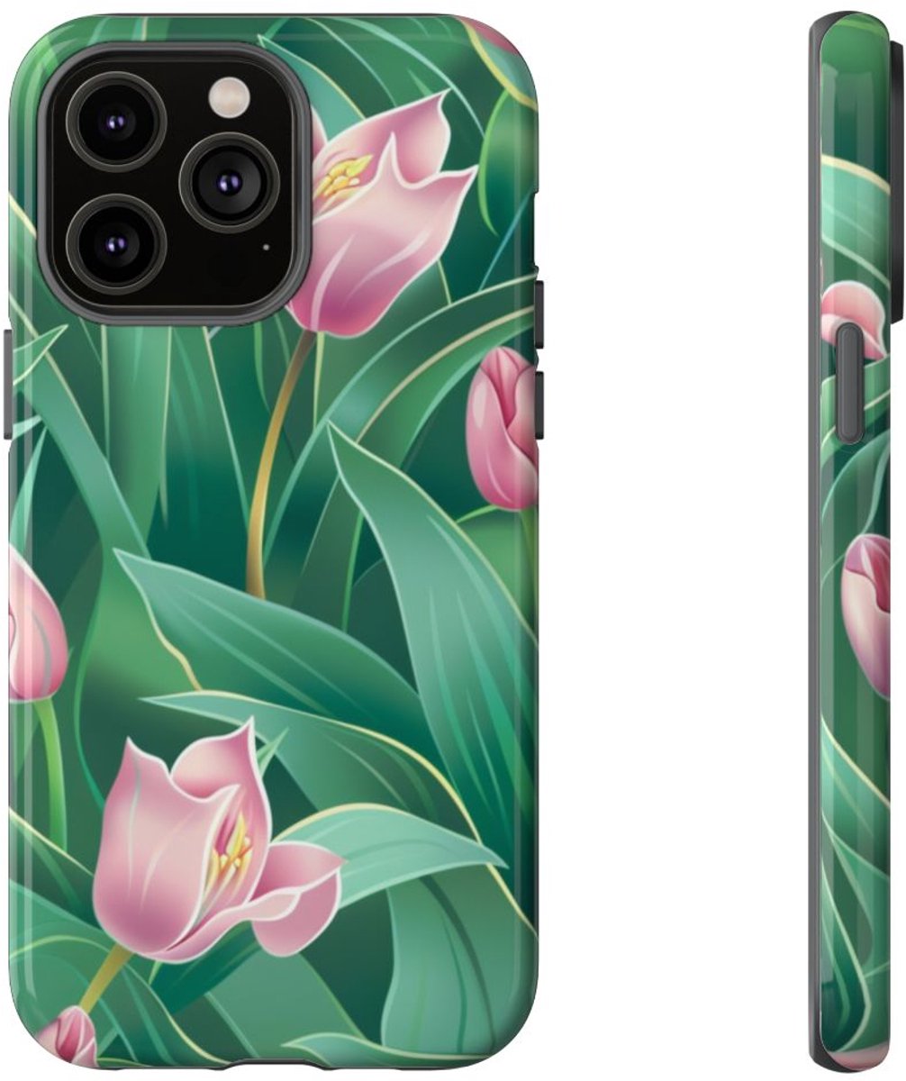 Roze Tulp Bloemenpatroon – Telefoonhoesje Geschikt voor iPhone 14 Pro Max