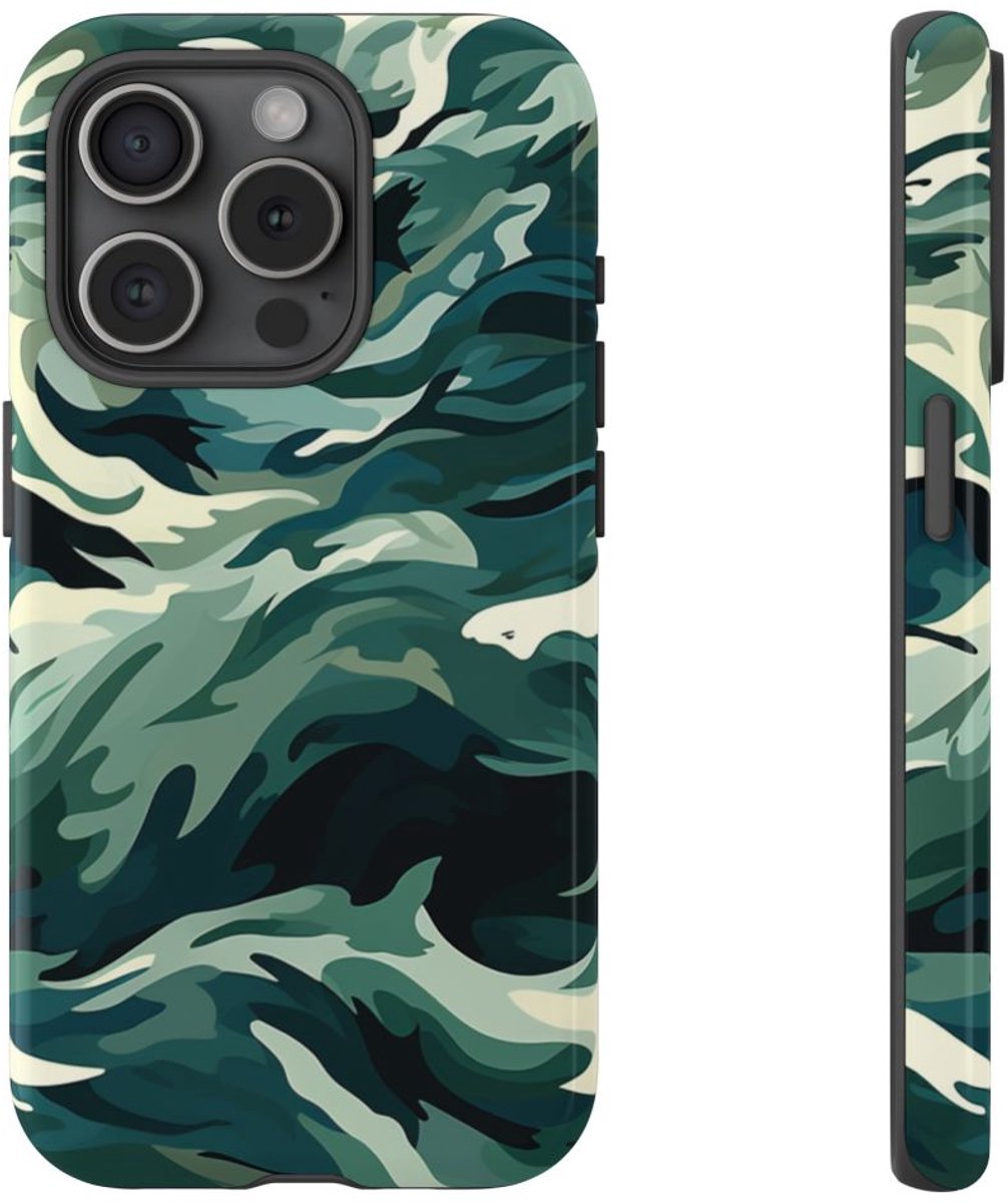 Abstracte Oceaangolven met Haaienpatroon – Telefoonhoesje Geschikt voor iPhone 15 Pro
