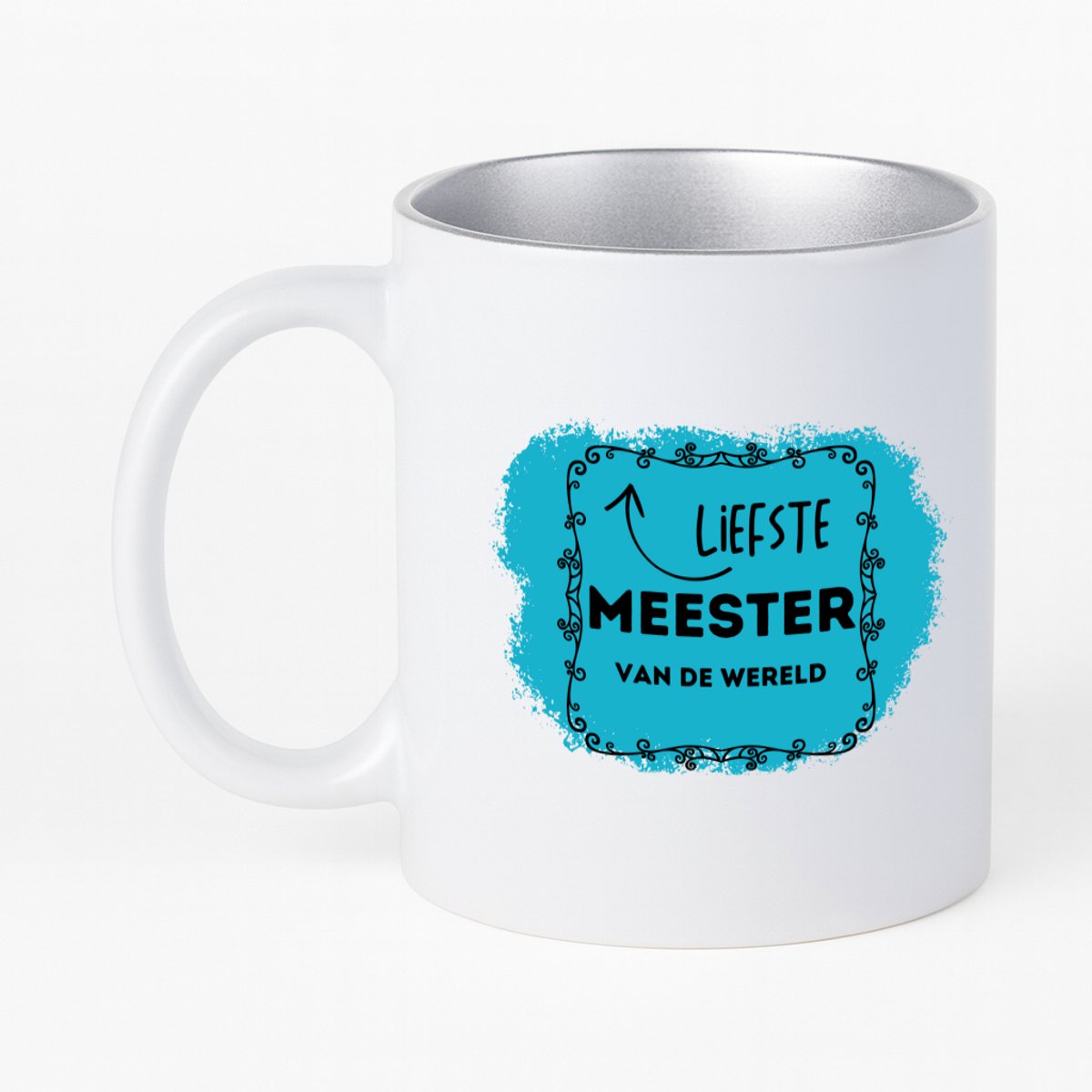 Hacebo® - liefste meester van de wereld koffiebeker met zilver kleurige binnenkant - Meester - de liefste meester - thee mok - koffie beker - verjaardag - cadeautje voor meester - meester artikelen - kado - geschenk - koffiemok - 330 ML