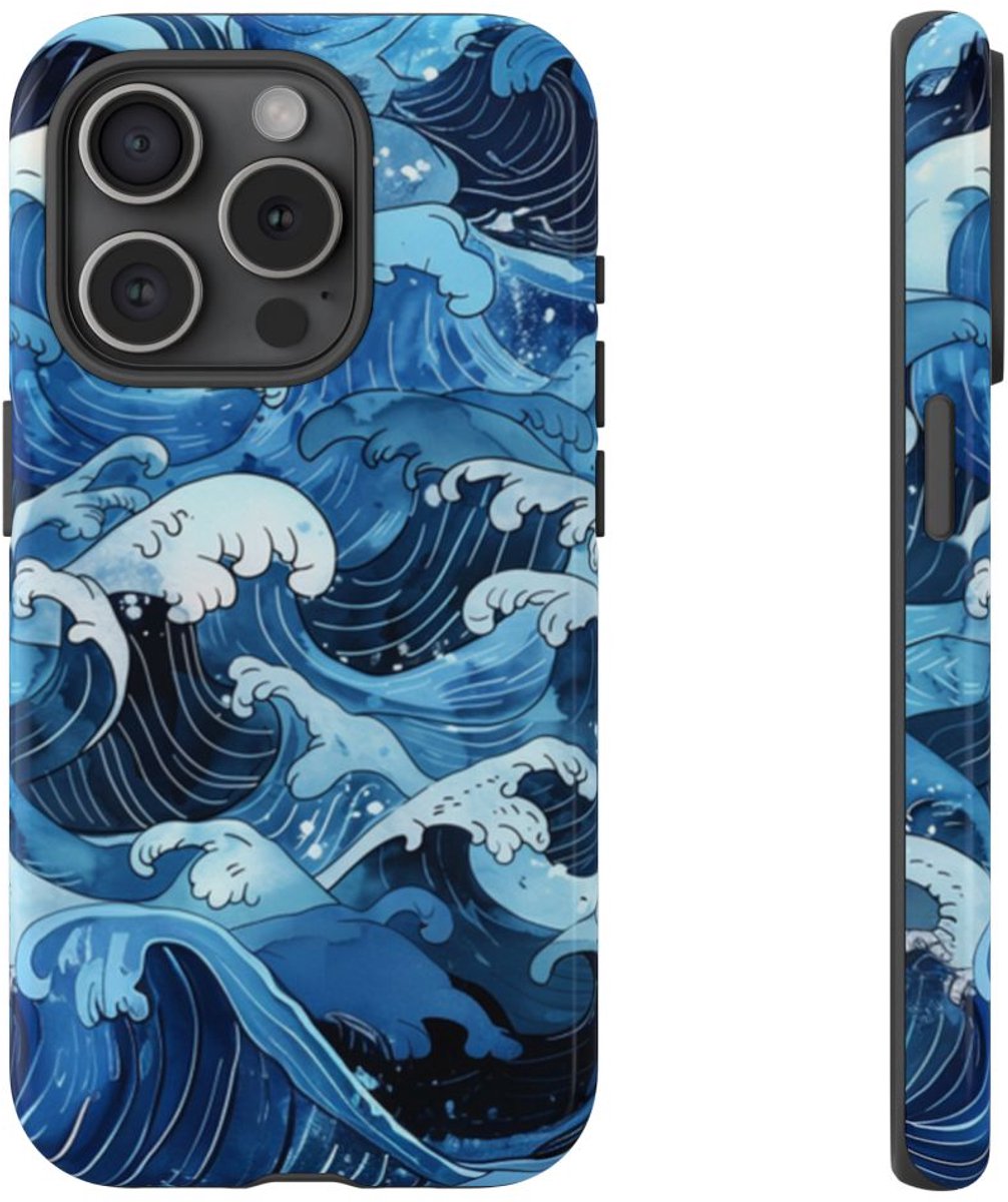 Handgetekende Japanse Stijl Oceaangolven – Telefoonhoesje Geschikt voor iPhone 15 Pro