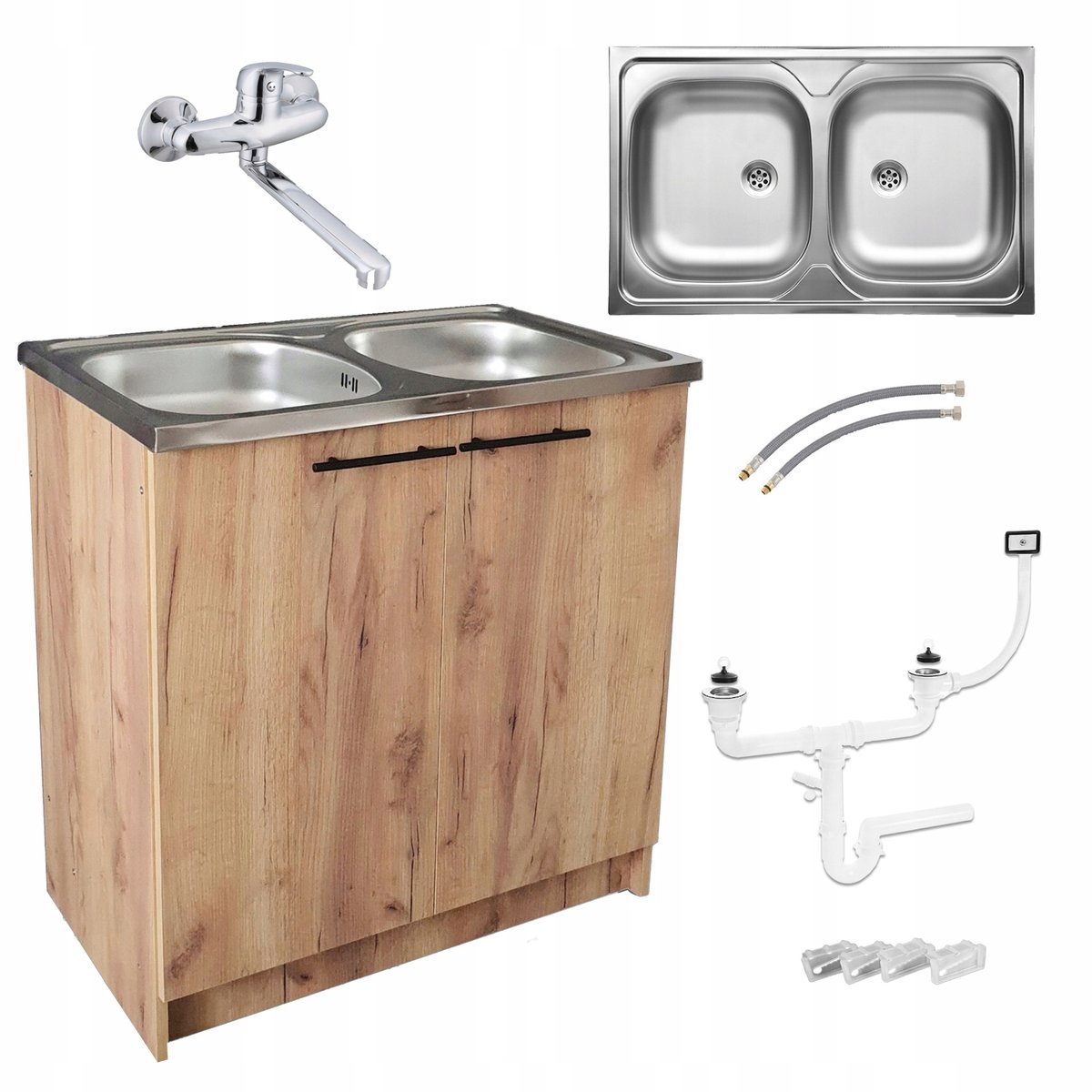 STAMAR - Keukenkast 80 cm - Onderkast met Dubbele spoelbak + kraan + sifon - Eiken Goud