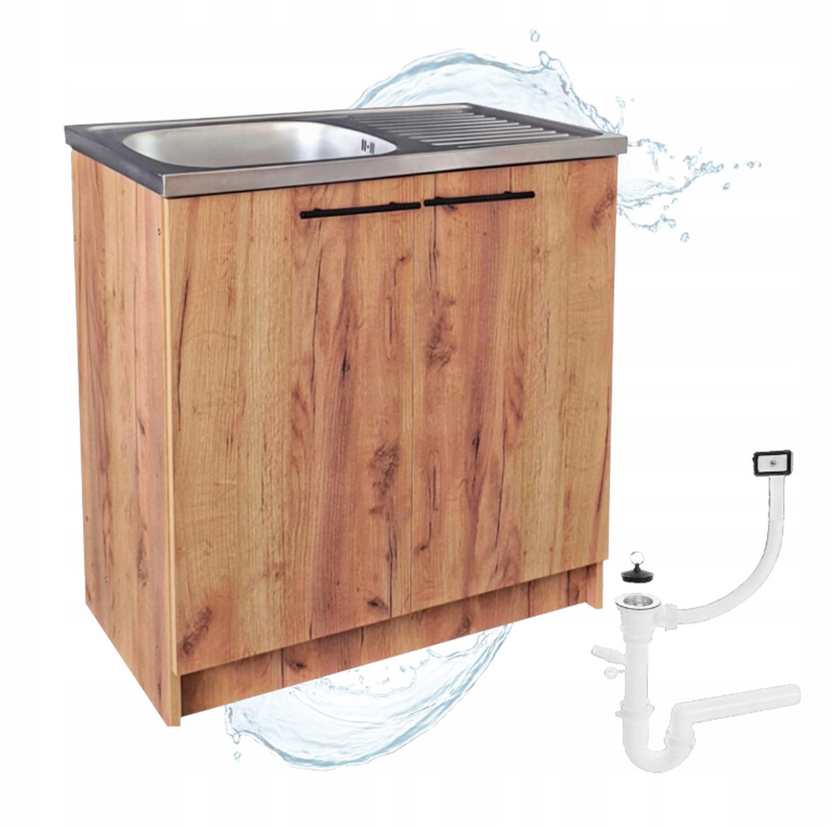 STAMAR - Keukenkast 80 cm - Onderkast met Dubbele spoelbak + sifon - Eiken Goud