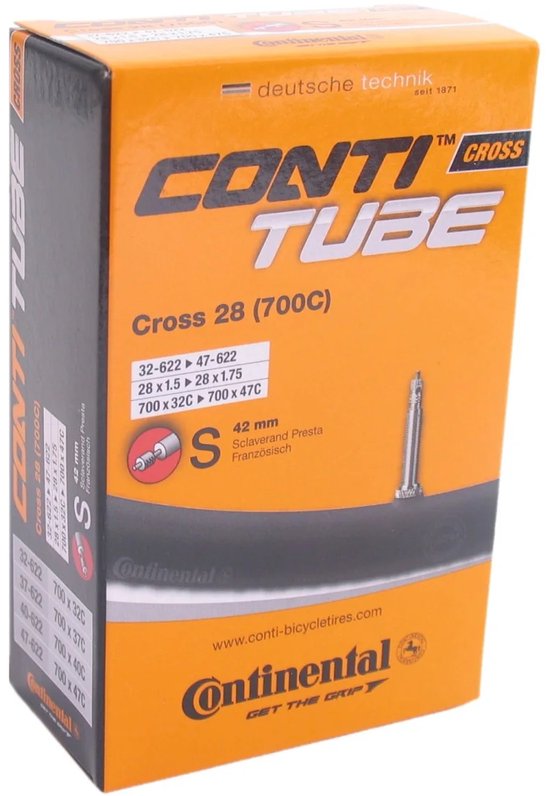 Oranje doos voor Conti Tube Cross 28 (700C) binnenband met Presta ventiel, maten 32-622 tot 700x47c.