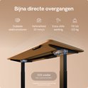 Bureau met massief houten blad, 'Bijna directe overgangen', 'Dubbele elektromotoren', 'Hefsnelheid 30 mm/s', 'Extra stille werking', 'Tilt tot 120 kg'.