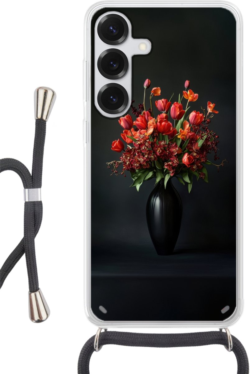 Telefoonhoesje Geschikt voor Samsung Galaxy S25 - Boeket - Tulpen - Vaas - Rood - Siliconen - Crossbody - Backcover met Koord - Telefoonhoesje met koord - Hoesje met touw Telefoonhoesje