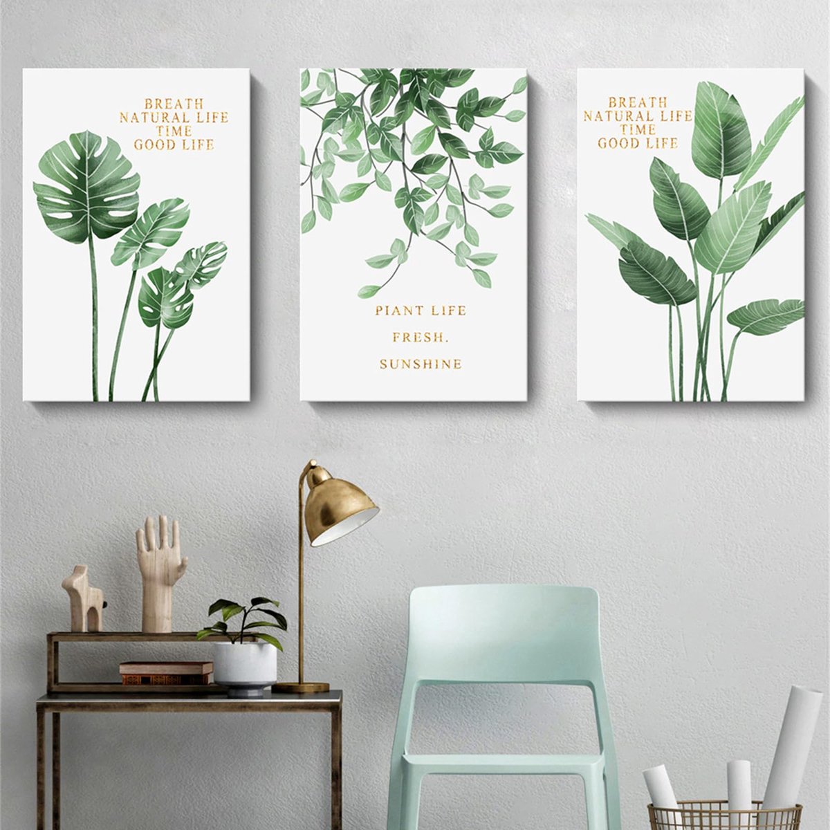 Ibenzoa Set van drie canvasposters met groene planten voor elke ruimte in huis Kleurjik