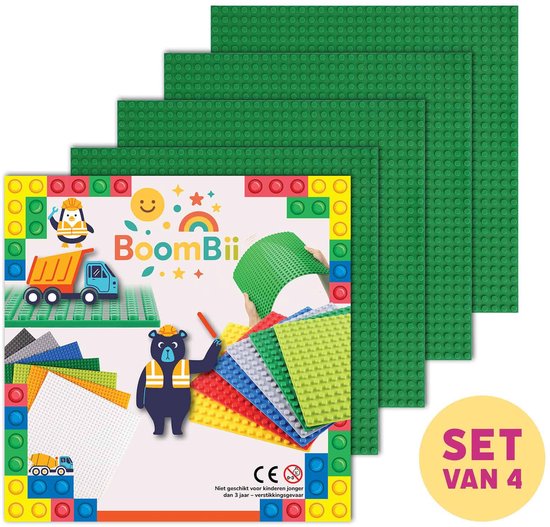 Set van 4 groene bouwplaten, met illustraties van een vrachtwagen, pinguïn en beer. Tekst "SET VAN 4".