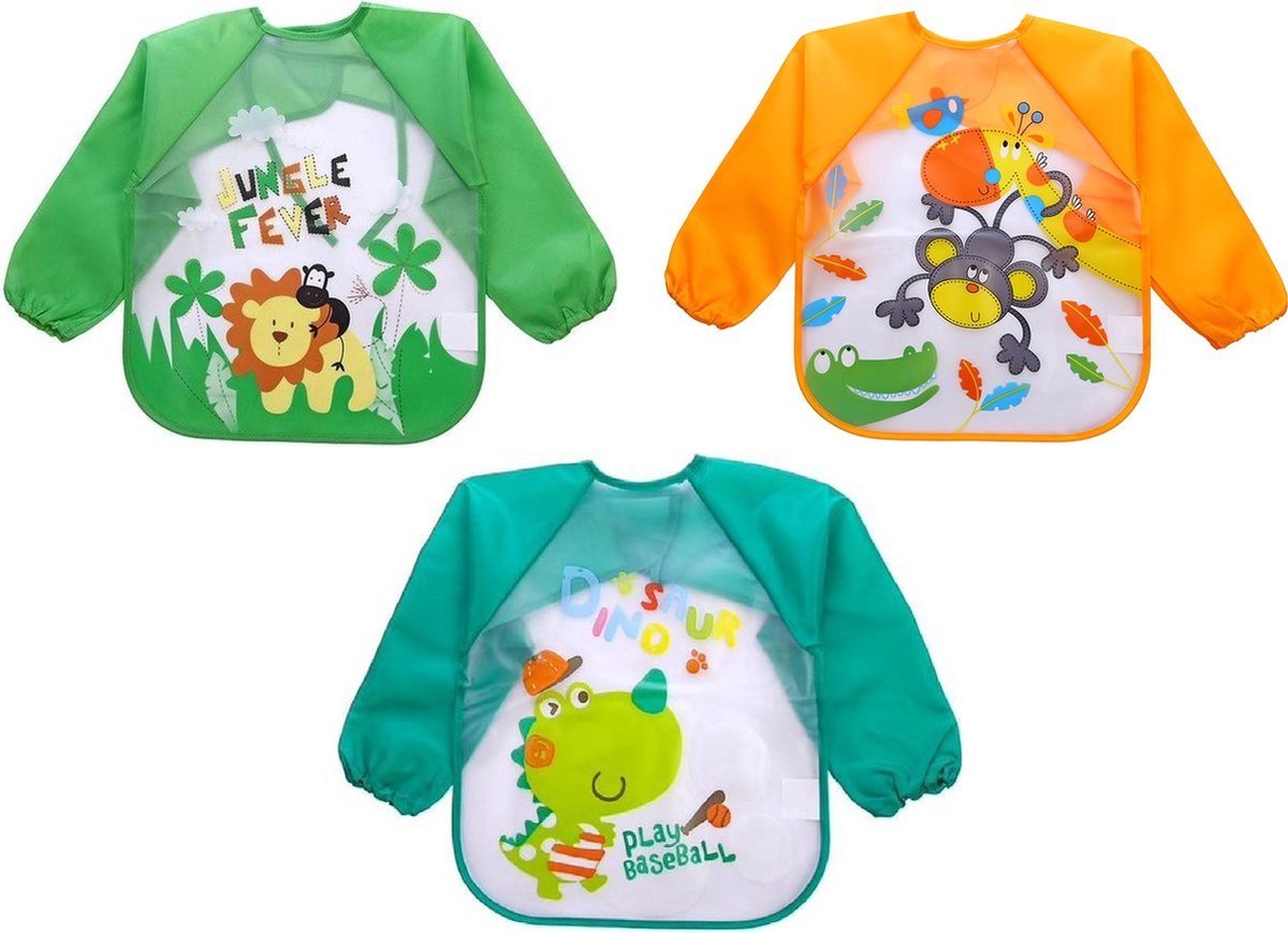 Image of 3 Stuks - Baby Slabbetjes met Mouwen - Aapje Leeuw Giraf - Waterproof - Waterdicht - Slab - Knutselschort - Leeftijd: 9 maanden - 2,5 jaar
