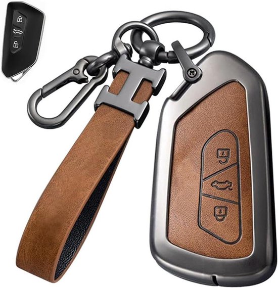 Allecto plus - Housse de clé de voiture pour Volkswagen Seat Skoda - Compatible avec D3 ID4 Golf 8 - Housse de clé de voiture 3 boutons en alliage avec porte-clés en cuir