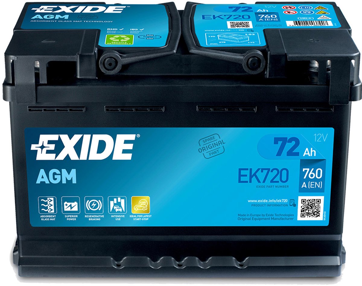 Exide EK720 Start-Stop AGM 72Ah - auto accu - 12V - 3661024037907
