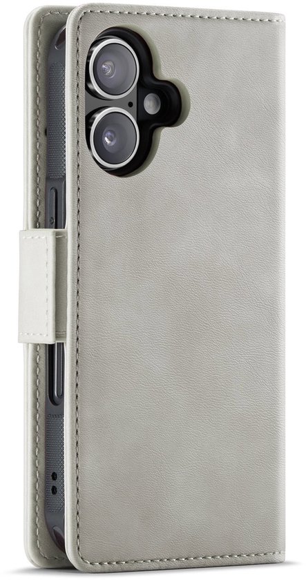 Lichtgrijs portemonnee hoesje voor telefoon, gesloten, met een beige buitenkant en dubbele camera-uitsparing.