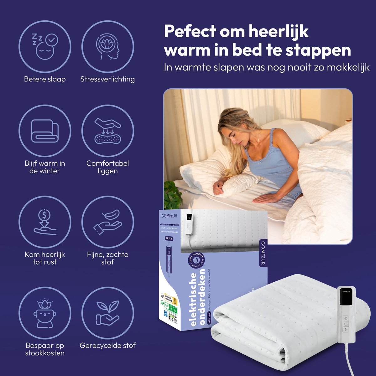 Comfeur Elektrische onderdeken 190x80 cm - Elektrisch deken - Warmte deken - 5 Timer-settings - 9 Warmtestanden - Hele Oppervlak Verwarmd - Incl. Matrasbanden – foto 8