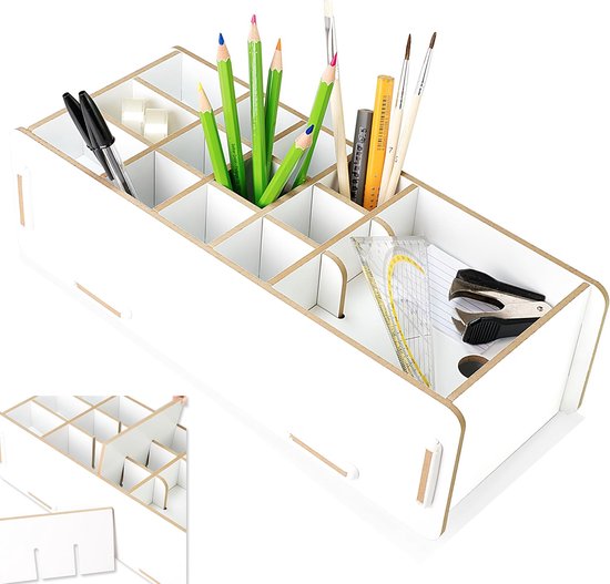 Clipfritz - Porte-stylo en bois blanc (env. 14 x 32 cm) - Accessoire de rangement et d'organisation pour votre bureau - Porte-stylo pour enfants et adultes - Plateau/boîte à crayons pour le bureau et la maison