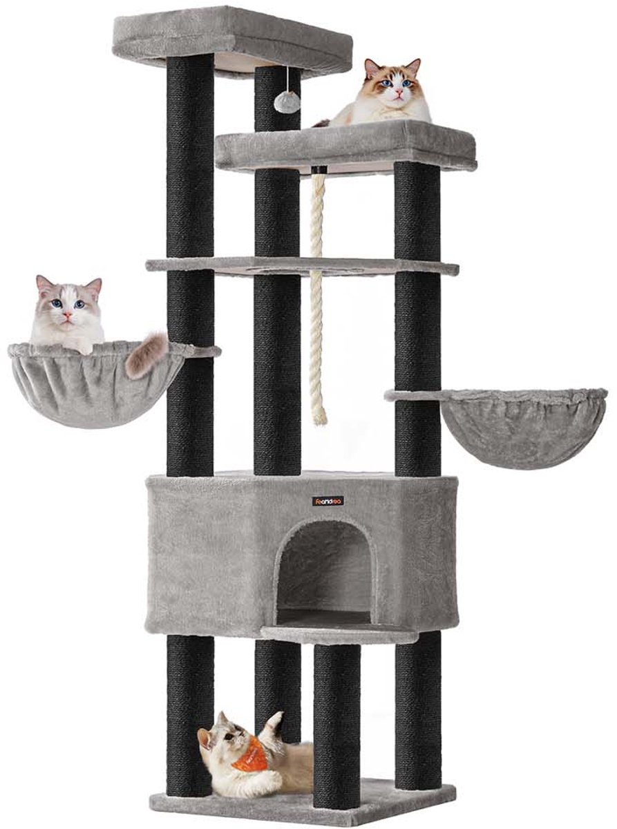 Kattenboom - Groot - Meerdere Niveaus voor Grote Katten - hoogte 187 cm - grijs / zwart