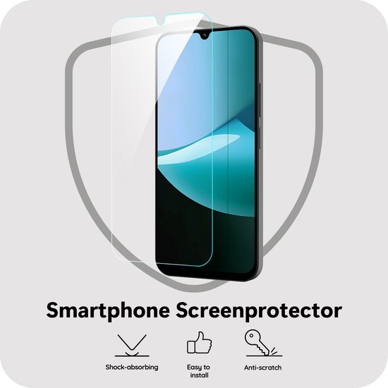 Smartphone screenprotector geplaatst op een telefoon. Iconen voor schokabsorberend, makkelijk te installeren en anti-kras.