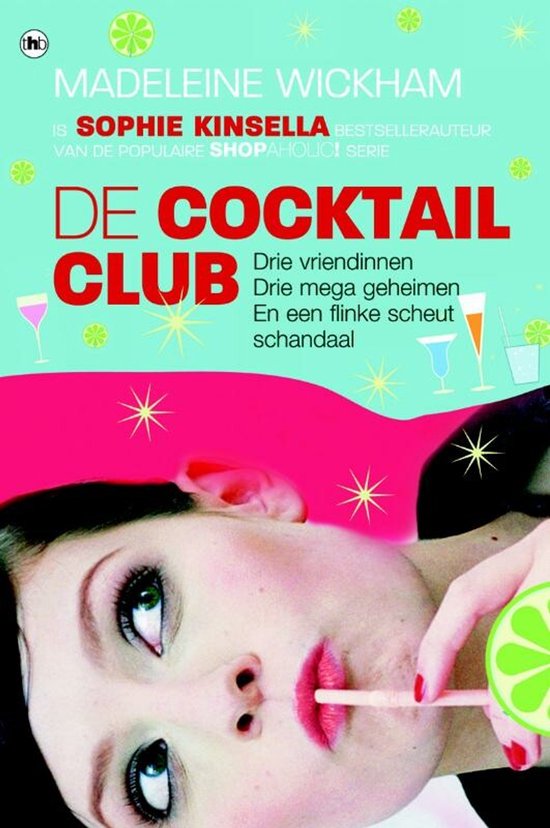 Boekomslag 'De Cocktailclub' met gezicht van vrouw, rode lippen, die aan een cocktail rietje zuigt.