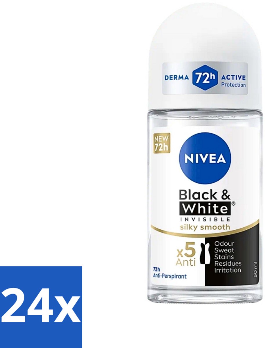 24 x Nivea - Deodorant - Roller - Black & White Silky Smooth - 50 ml - NIVEA Deodorant Roller - 48 Uur Bescherming - Zweet En Geur - Kledingvlekken - Gevoelige Huid