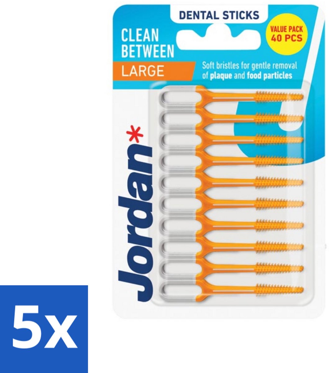 5 x Jordan Sticks Clean Between Large 40 stuks per verpakking - Tandplak Verwijderen - Tandenstoker - Mondhygiëne - Tandvlees Stimuleren - Tanden Reinigen