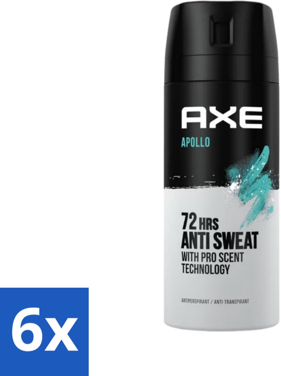 6 x Axe - Deodorant Spray - 72hrs Anti Sweat - Apollo - 150 ml - Anti-transpirant - Deodorant - Axe Apollo - 72 Uur Bescherming - Groen Fruit