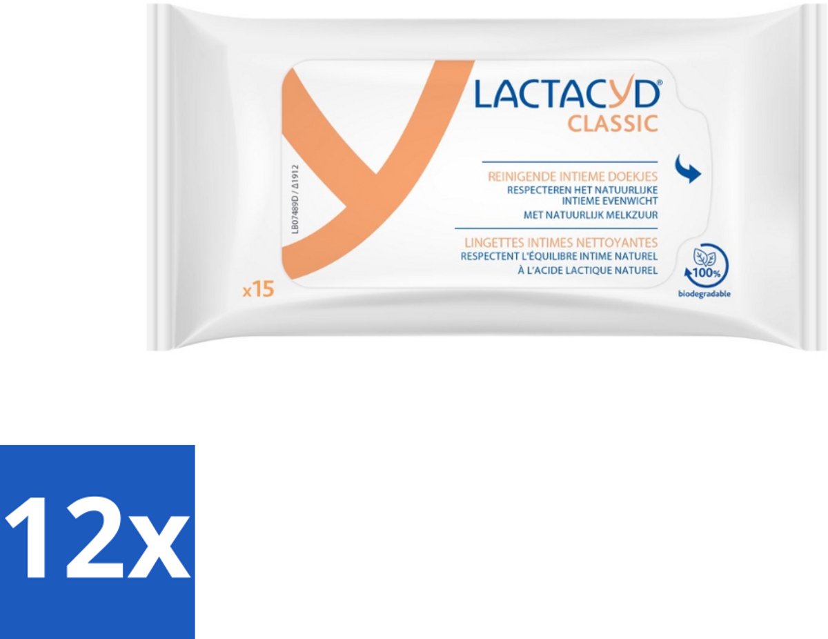 12 x Lactacyd Tissues Verzorgend 15 stuks per verpakking - Intieme Doekjes - Intieme Reiniging - Biologisch Afbreekbaar - Allantoïne - Melkzuur