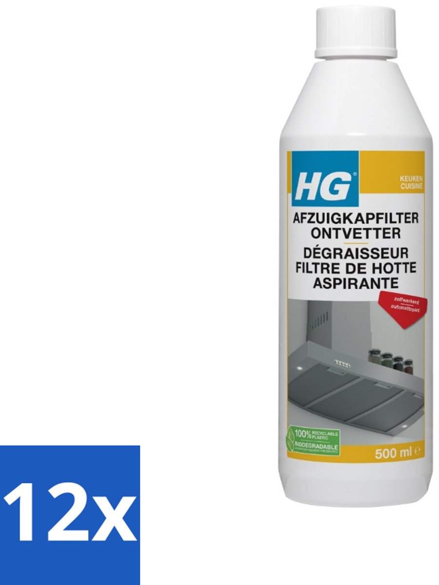 12 x HG Afzuigkapfilter Ontvetter 500 ml - Afzuigkapfilter Reiniger - Ontvetter Afzuigkap - Keukenreiniger - Vetverwijderaar - Afzuigkap Onderhoud